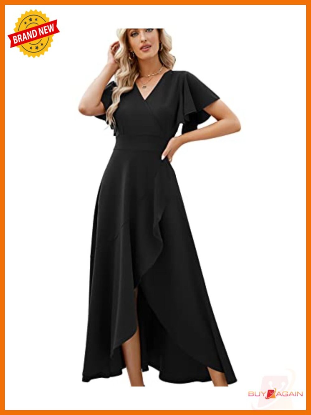 Formal Evening Gown V-Neck Flare Sleeve Wrap Dress Wedding Guest
